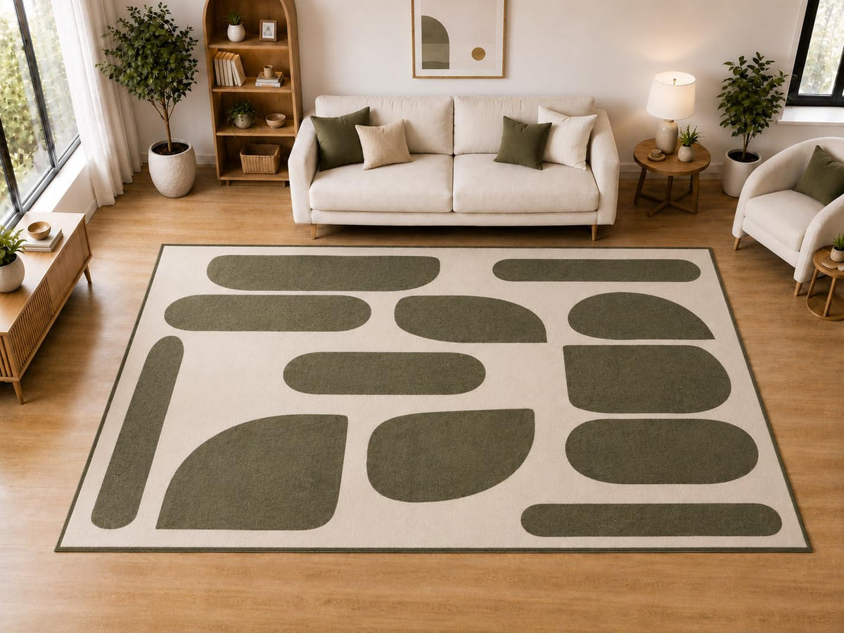 ICE ARMOR "Ultra Light Weight Large 6'7 x 9'10 Olive Organic Block Pattern Area Rug for Living Room Bedroom Dining Room Soft Low Pile Indoor Carpet Modern Floor Decor