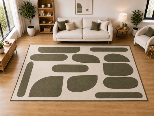 ICE ARMOR "Ultra Light Weight Large 6'7 x 9'10 Olive Organic Block Pattern Area Rug for Living Room Bedroom Dining Room Soft Low Pile Indoor Carpet Modern Floor Decor