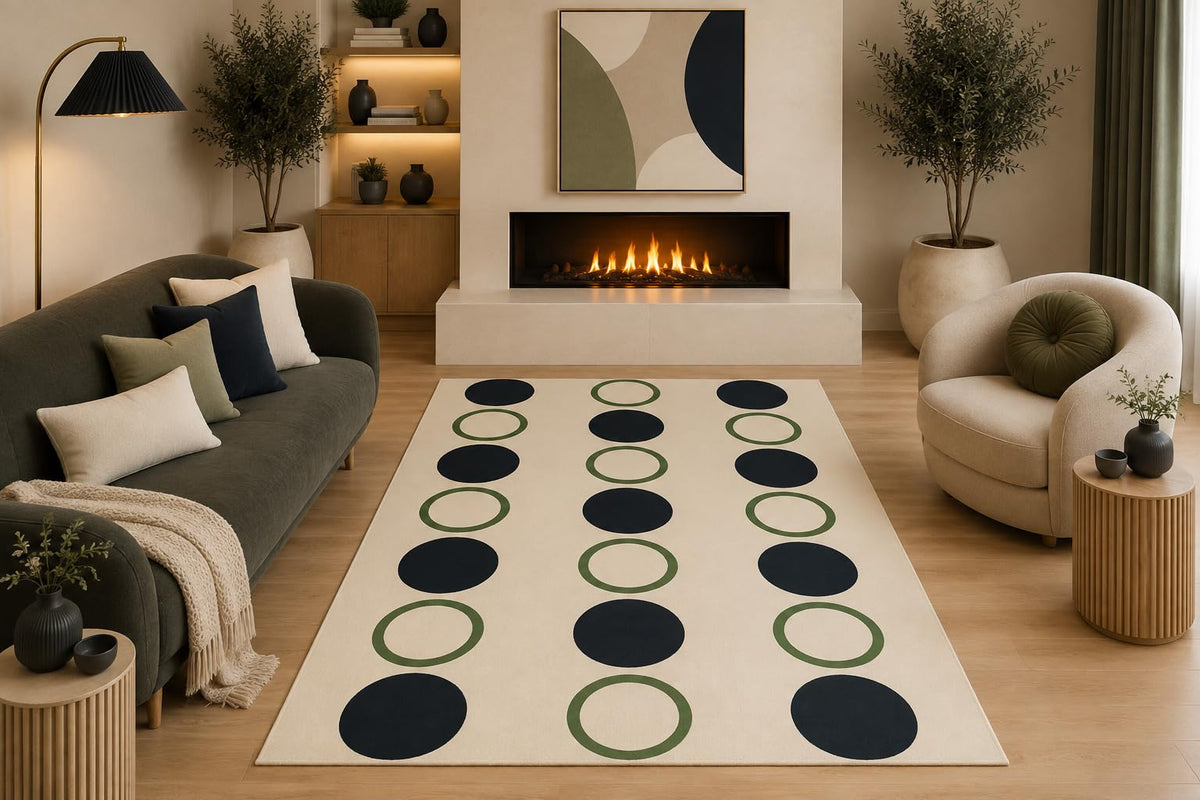 ICE ARMOR 5' x 7' Mid Century Geometric Area Rug Minimalist Black Green Circle Pattern Cream for Living Room Bedroom Dining Room Non-Slip Silicone Backing Low Pile