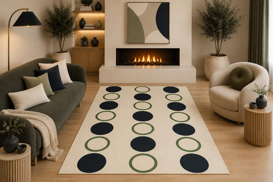ICE ARMOR 5' x 7' Mid Century Geometric Area Rug Minimalist Black Green Circle Pattern Cream for Living Room Bedroom Dining Room Non-Slip Silicone Backing Low Pile