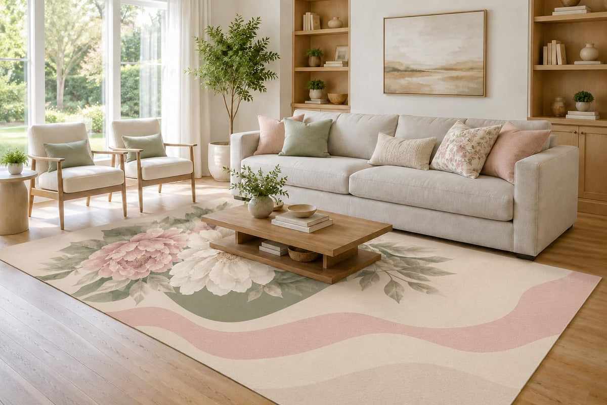 ICE ARMOR Large 6'7" x 9'10" Blush and Sage Green Flowing Peony Waves Area Rug for Living Room, Soft Low Pile Carpet with Non-Slip Silicone Backing, Decor for Bedroom and Home Office