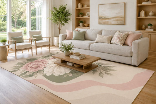 ICE ARMOR Large 6'7" x 9'10" Blush and Sage Green Flowing Peony Waves Area Rug for Living Room, Soft Low Pile Carpet with Non-Slip Silicone Backing, Decor for Bedroom and Home Office