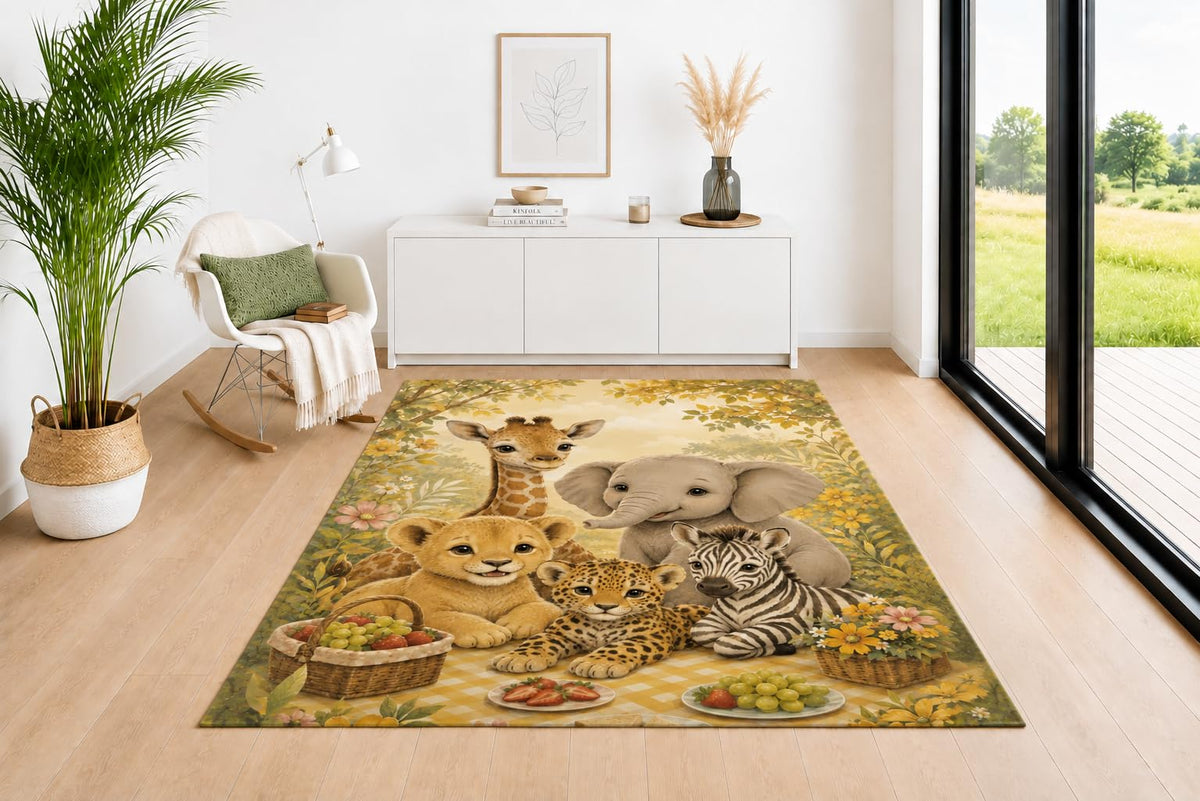 ICE ARMOR 5' x 7' Baby Safari Animal Area Rug, Soft Low Pile Non-Slip Indoor Carpet with Jungle Wildlife Design for Living Room, Bedroom, Office, Dining Room