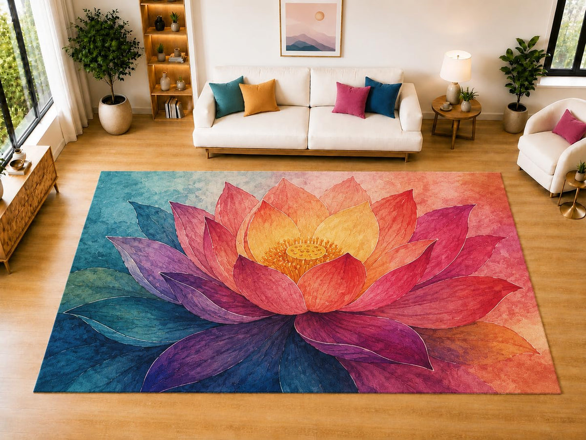 ICE ARMOR "Ultra Light Weight Large 6'7" x 9'10" Lotus Flower Area Rug for Living Room Bedroom Dining Room, Soft Low Pile Non-Slip Backing, Pink Orange Blue Purple Botanical Decor