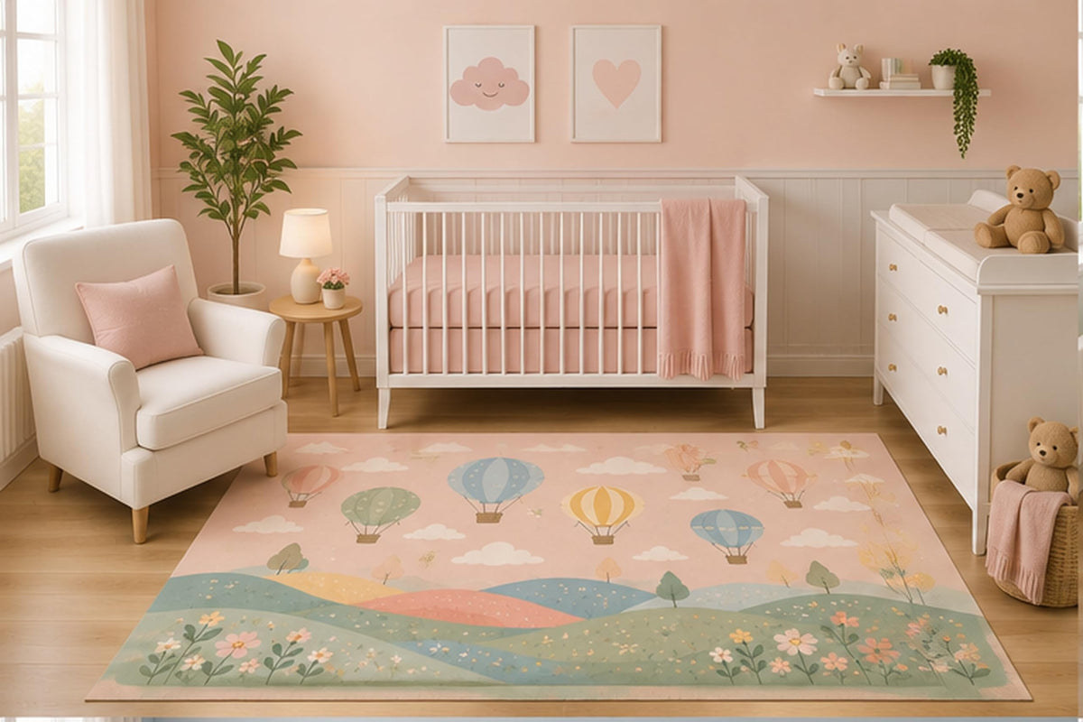 ICE ARMOR 5' x 7' Hot Air Balloon Landscape Area Rug for Nursery Room, Pastel Hills Wildflower Meadow Design, Baby Girl Bedroom Decor, Non-Slip Silicone Backing Low Pile
