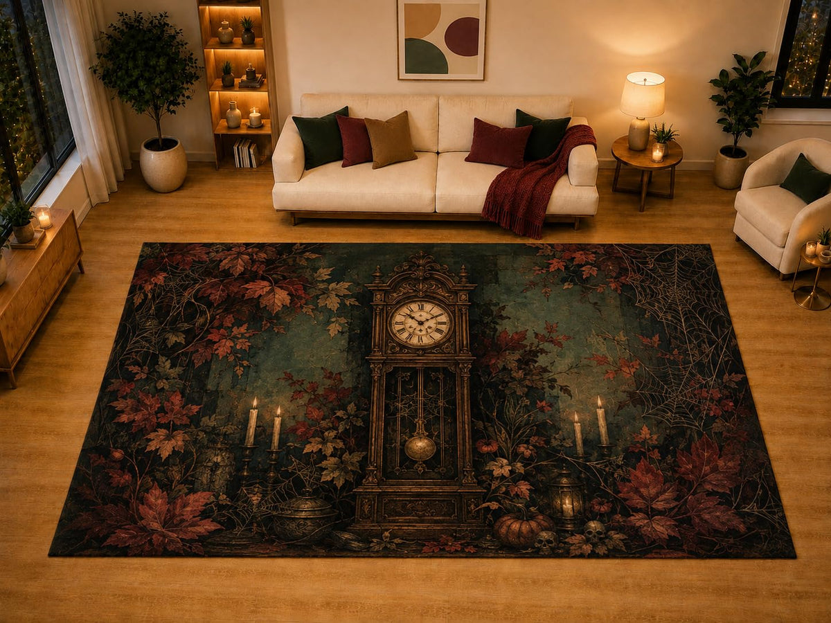 ICE ARMOR "Ultra Light Weight Large 6'7" x 9'10" Grandfather Clock Autumn Gothic Area Rug for Living Room Bedroom Dining Area, Soft Low Pile Non-Slip Backing, Dark Green Red Halloween Decor