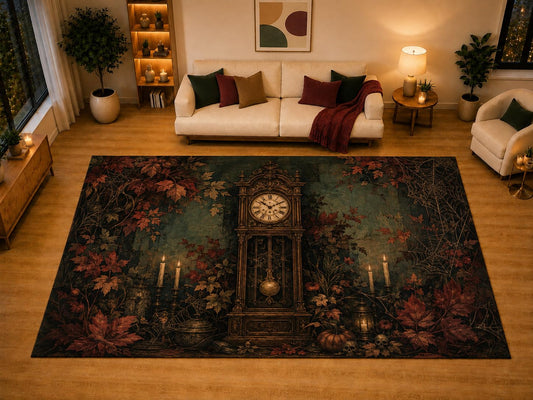 ICE ARMOR "Ultra Light Weight Large 6'7" x 9'10" Grandfather Clock Autumn Gothic Area Rug for Living Room Bedroom Dining Area, Soft Low Pile Non-Slip Backing, Dark Green Red Halloween Decor