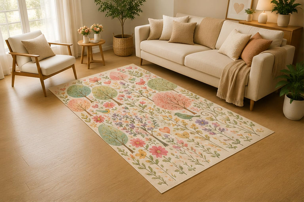 ICE ARMOR 5' x 7' Whimsical Tree and Bird Garden Area Rug, Soft Low Pile Indoor Rug with Non-Slip Silicone Backing for Living Room, Nursery, Kids Room, Playroom, Kids & Pets, Green Pink Cream