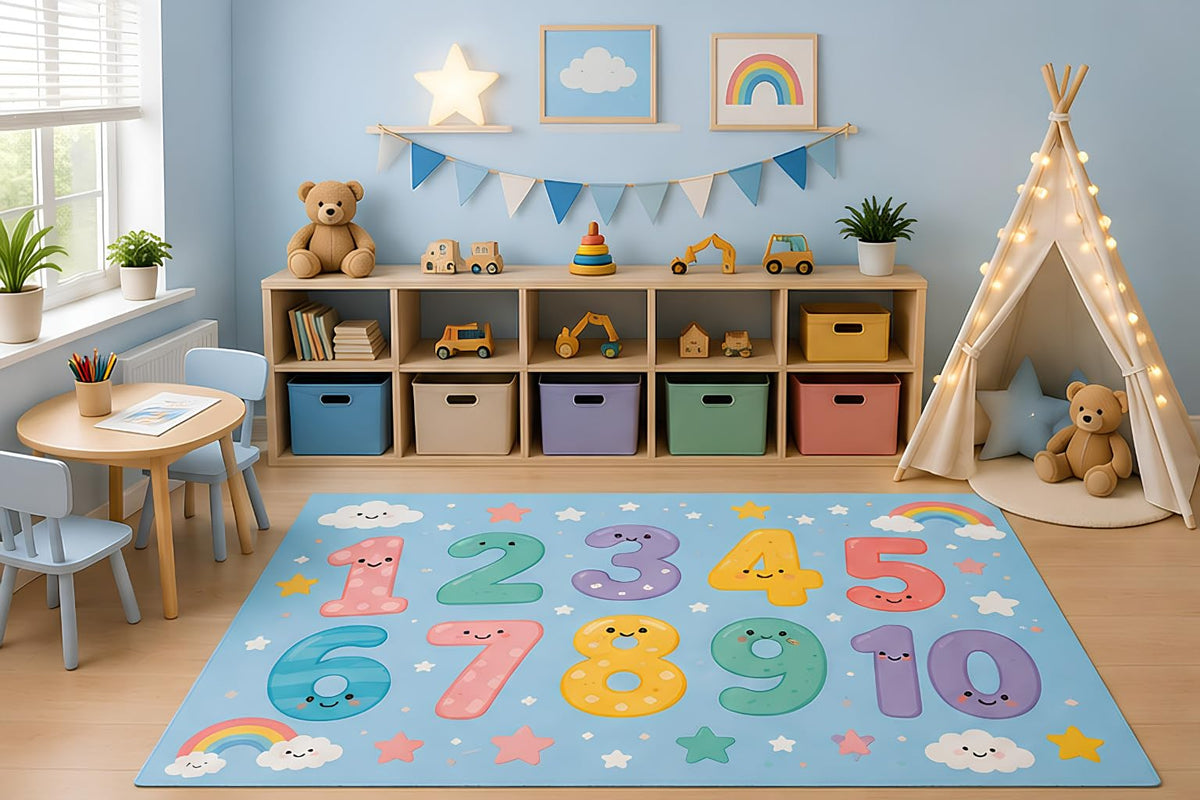 ICE ARMOR 5' x 7' Numbers Learning Area Rug for Kids Playroom Nursery Bedroom, Educational Counting One to Ten Preschool Math Cartoon Decor, Non-Slip Silicone Backing Low Pile