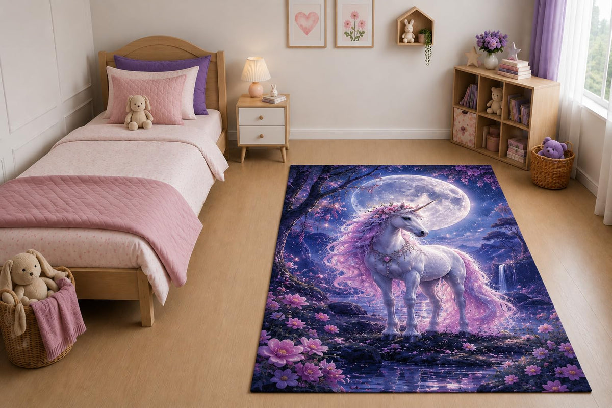 ICE ARMOR "Ultra Light Weight 5' x 7' Moonlit Unicorn Area Rug for Living Room, Bedroom and Home Office, Soft Low Pile Carpet with Non-Slip Silicone Backing, Purple and White