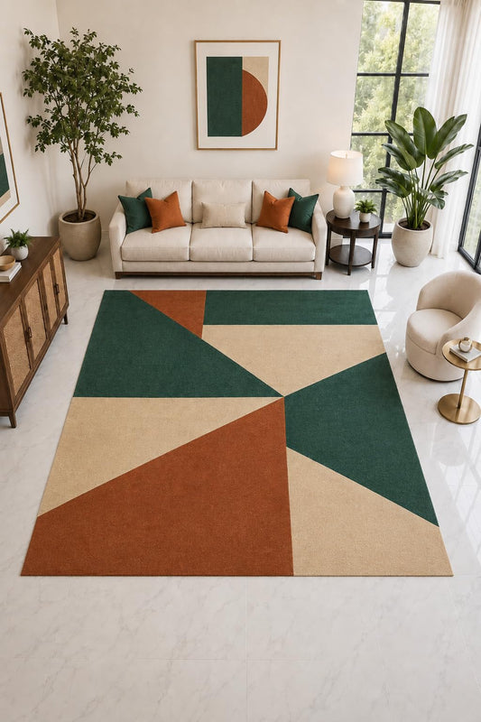 ICE ARMOR "Ultra Light Weight Large 6'7" x 9'10" Green Rust Geometric Rug, Soft Low Pile Indoor Rug, Non-Slip Silicone Backing for Living Room Green