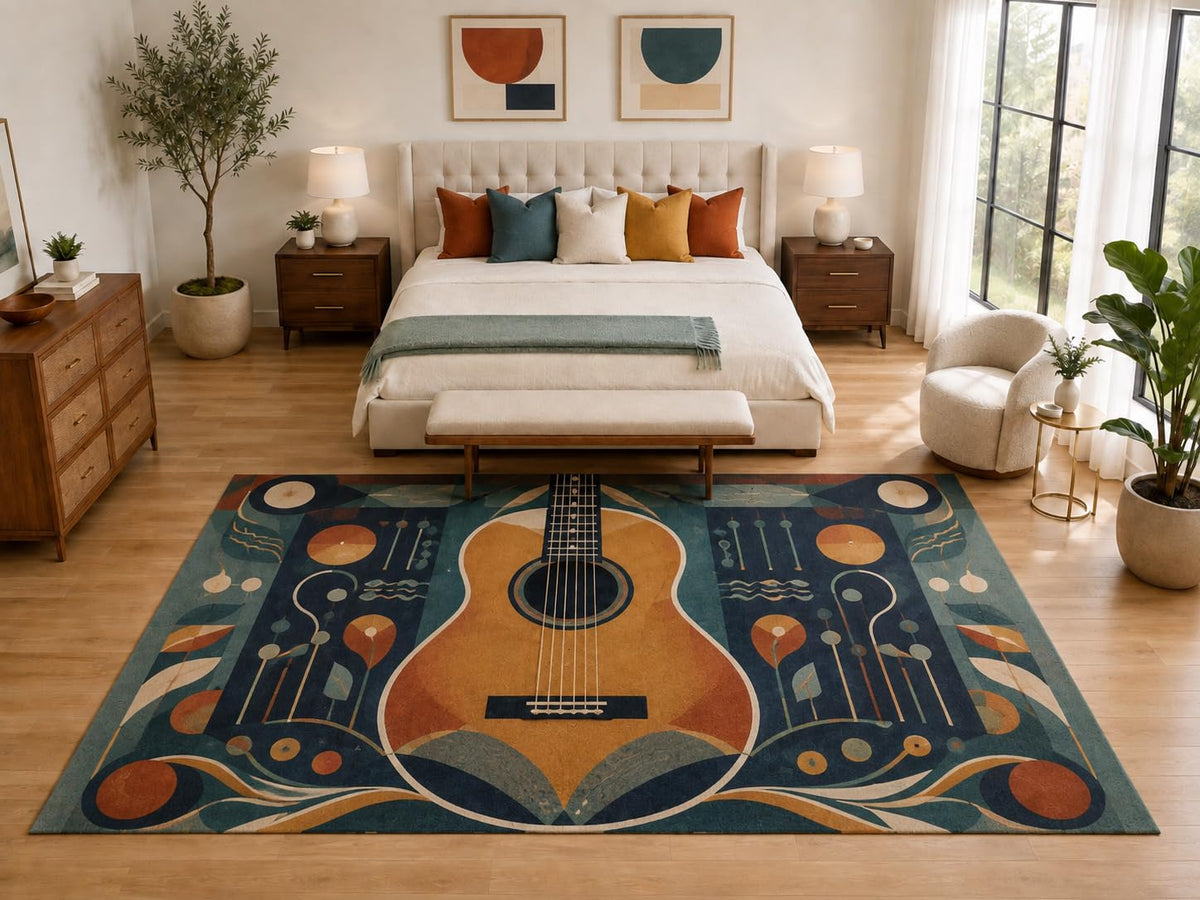 ICE ARMOR "Ultra Light Weight Large 6'7" x 9'10" Folk Guitar Decorative Rug, Soft Low Pile Indoor Rug, Non-Slip Silicone Backing for Bedroom Teal Orange