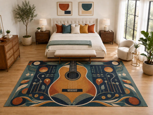 ICE ARMOR "Ultra Light Weight Large 6'7" x 9'10" Folk Guitar Decorative Rug, Soft Low Pile Indoor Rug, Non-Slip Silicone Backing for Bedroom Teal Orange