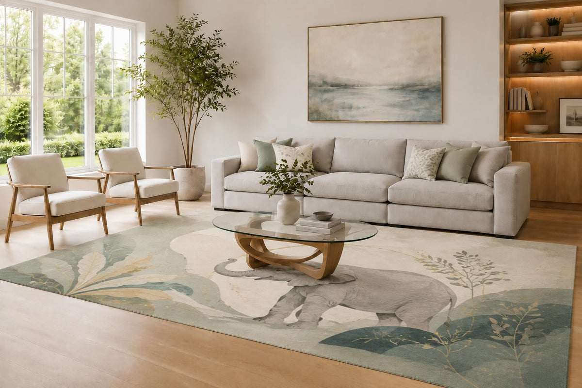 ICE ARMOR Large 6'7" x 9'10" Sage Green and Cream Elephant Nature Area Rug for Living Room, Soft Low Pile Carpet with Non-Slip Silicone Backing, Safari Animal Decor for Bedroom Home Office