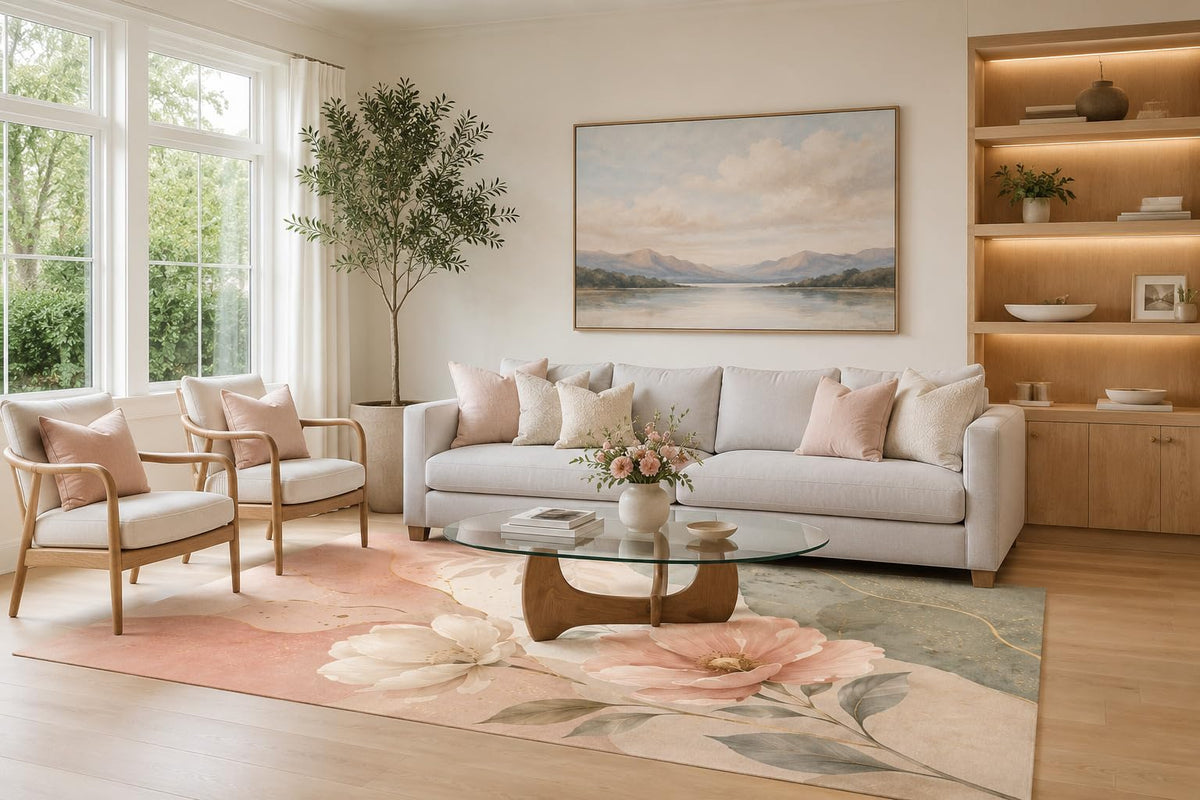 ICE ARMOR Large 6'7" x 9'10" Blush Pink and Sage Green Floral Bloom Area Rug for Living Room, Soft Low Pile Carpet with Non-Slip Silicone Backing, Decor for Bedroom and Home Office