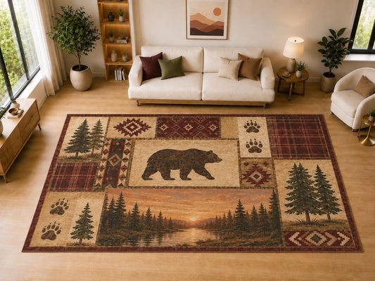 ICE ARMOR "Ultra Light Weight Large 6'7" x 9'10" Bear Forest Cabin Decor, Living Room, Bedroom, Dining Room, Office, Family Room, Soft Low Pile Indoor Rug, Non-Slip Silicone Backing, Brown