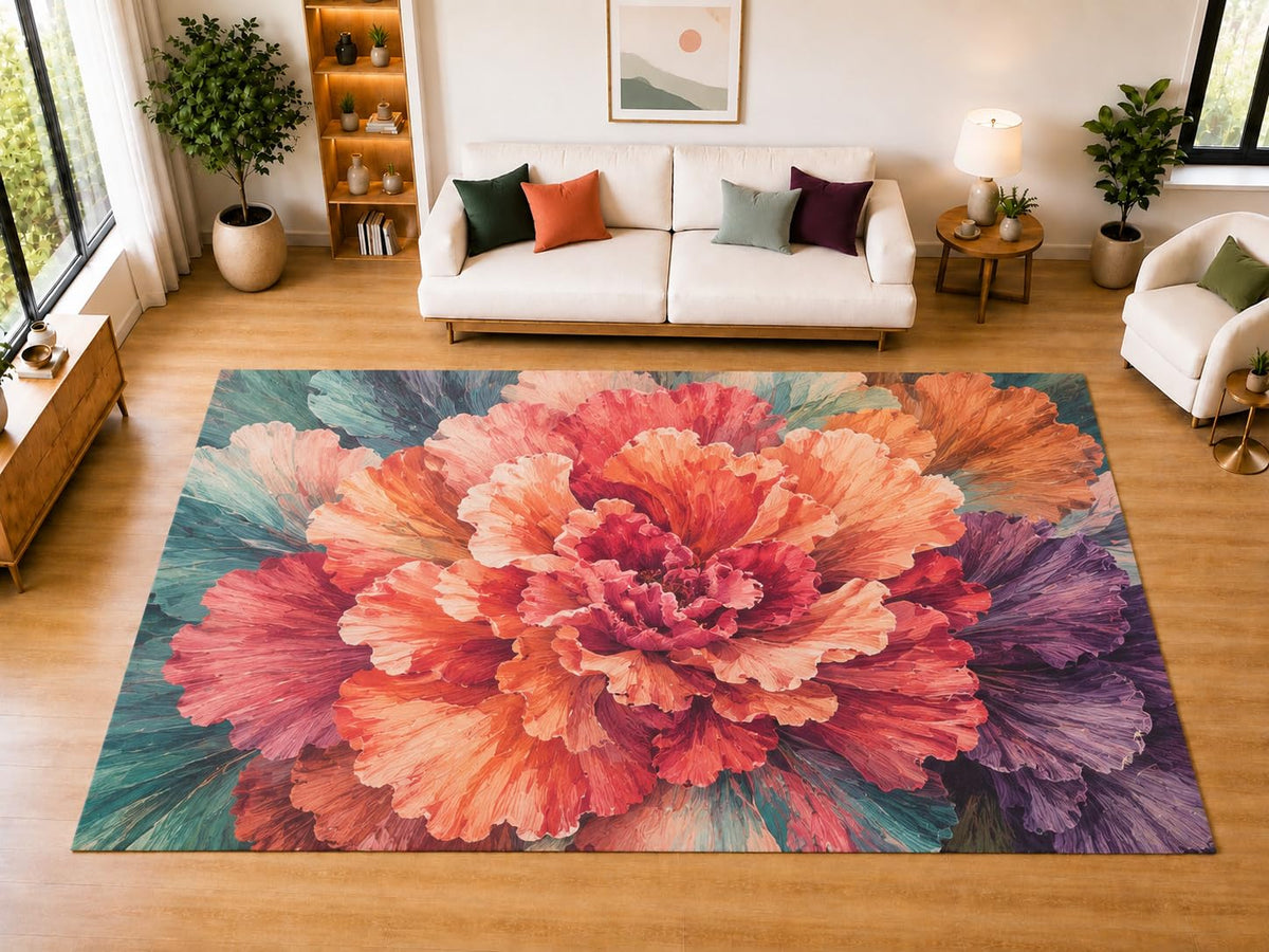 ICE ARMOR "Ultra Light Weight Large 6'7" x 9'10" Ruffled Peony Area Rug for Living Room Bedroom Dining Room, Soft Low Pile Non-Slip Backing, Coral Peach Teal Purple Floral Decor