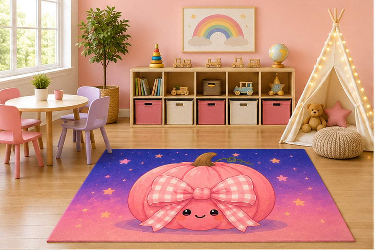 ICE ARMOR 5' x 7' Pink Bow Pumpkin Kids Area Rug, Cute Pastel Pumpkin Gingham Bow Kawaii Cartoon Playroom Nursery Bedroom Decor, Non-Slip Silicone Backing Low Pile