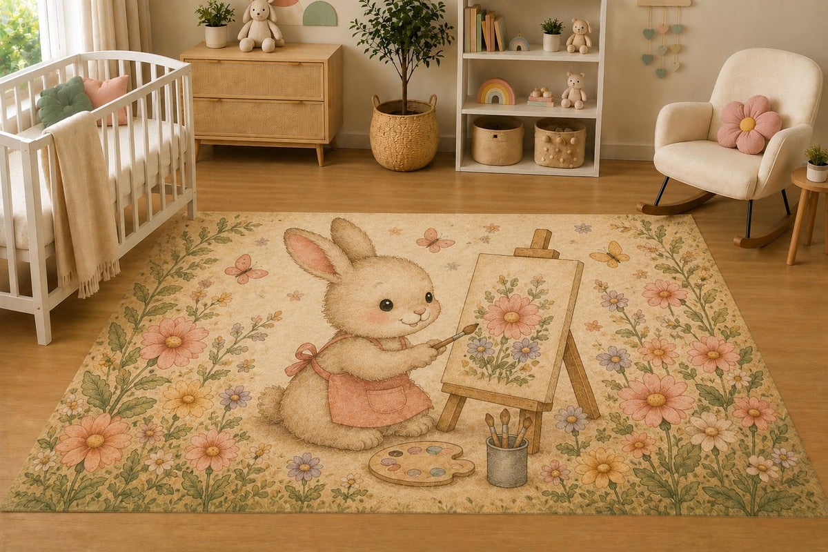 ICE ARMOR 5' x 7' Baby Bunny Painting Flowers Area Rug for Nursery, Soft Low Pile Indoor Rug with Non-Slip Silicone Backing, Kids Room, Playroom, Kids & Pets, Beige Pink