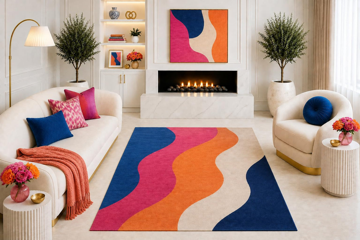 ICE ARMOR "Ultra Light Weight 5' x 7' Navy Pink Orange Abstract Wave Area Rug, Modern Wavy Geometric Design for Living Room Bedroom Dining Room, Non-Slip Silicone Backing Low Pile