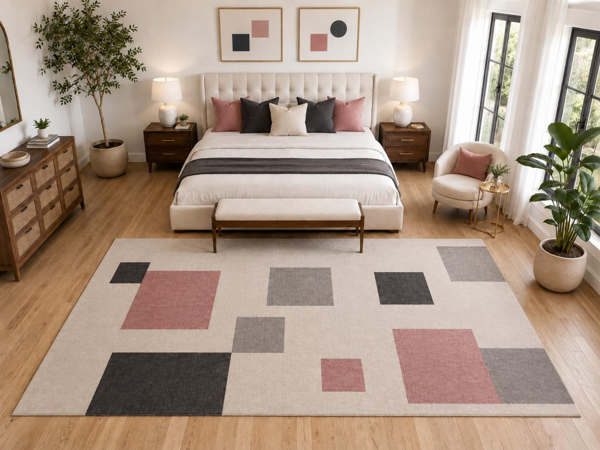 ICE ARMOR "Ultra Light Weight Large 6'7" x 9'10" Modern Square Pattern Rug, Soft Low Pile Indoor Rug, Non-Slip Silicone Backing for Bedroom Pink Gray