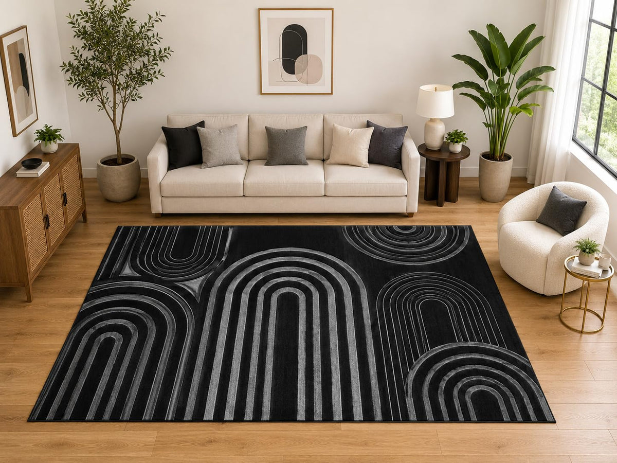 ICE ARMOR Large 6'7" x 9'10" Art Deco Arch Pattern Area Rug for for Bedroom, Living Room, Soft Low Pile Indoor Rug with Non-Slip Silicone Backing, Black Gray
