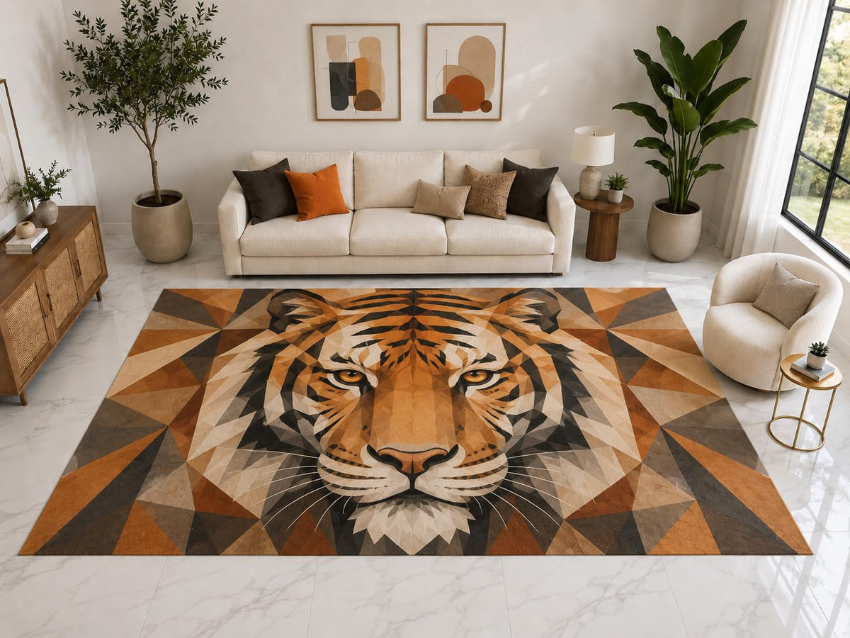 ICE ARMOR "Ultra Light Weight Large 6'7" x 9'10" Geometric Tiger Rug, Soft Low Pile Indoor Rug, Non-Slip Silicone Backing for Kids Room Orange Brown