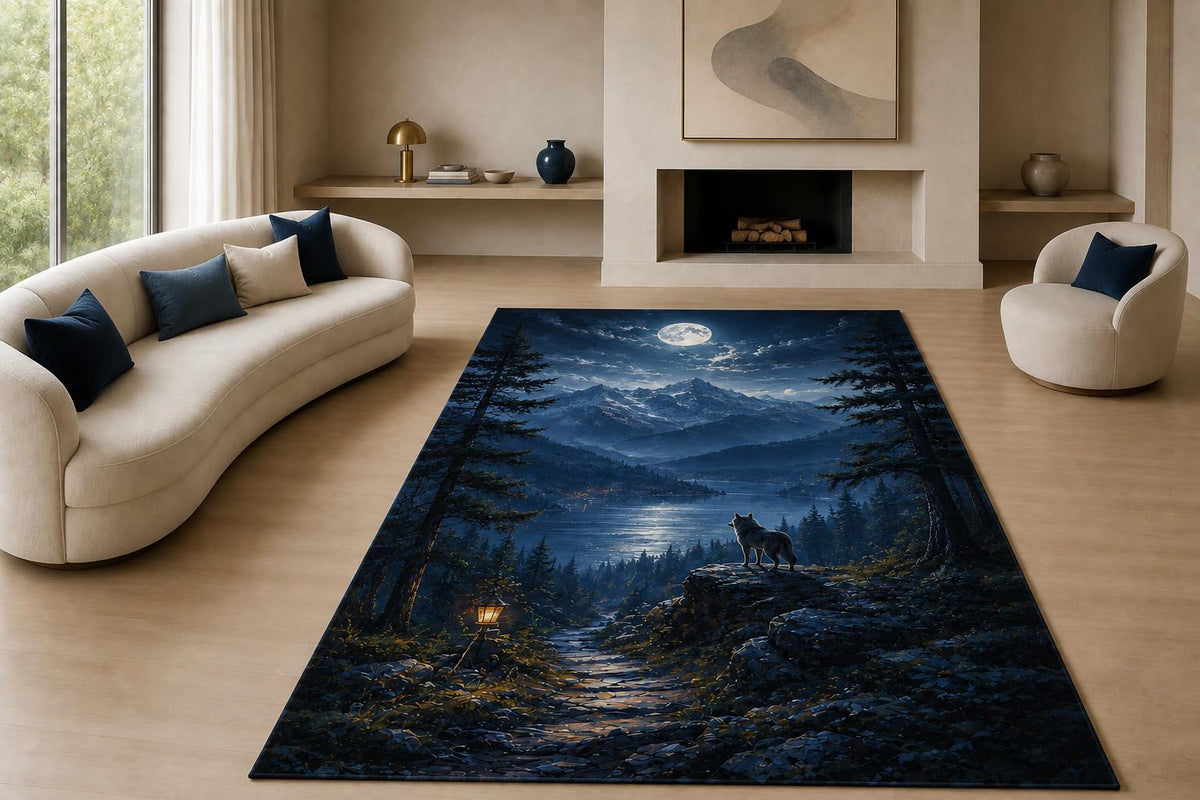 ICE ARMOR "Ultra Lightweight Large 6'7" x 9'10" Moonlit Wolf Mountain Area Rug for Living Room, Bedroom and Home Office, Soft Low Pile Carpet with Non-Slip Silicone Backing, Blue and Black