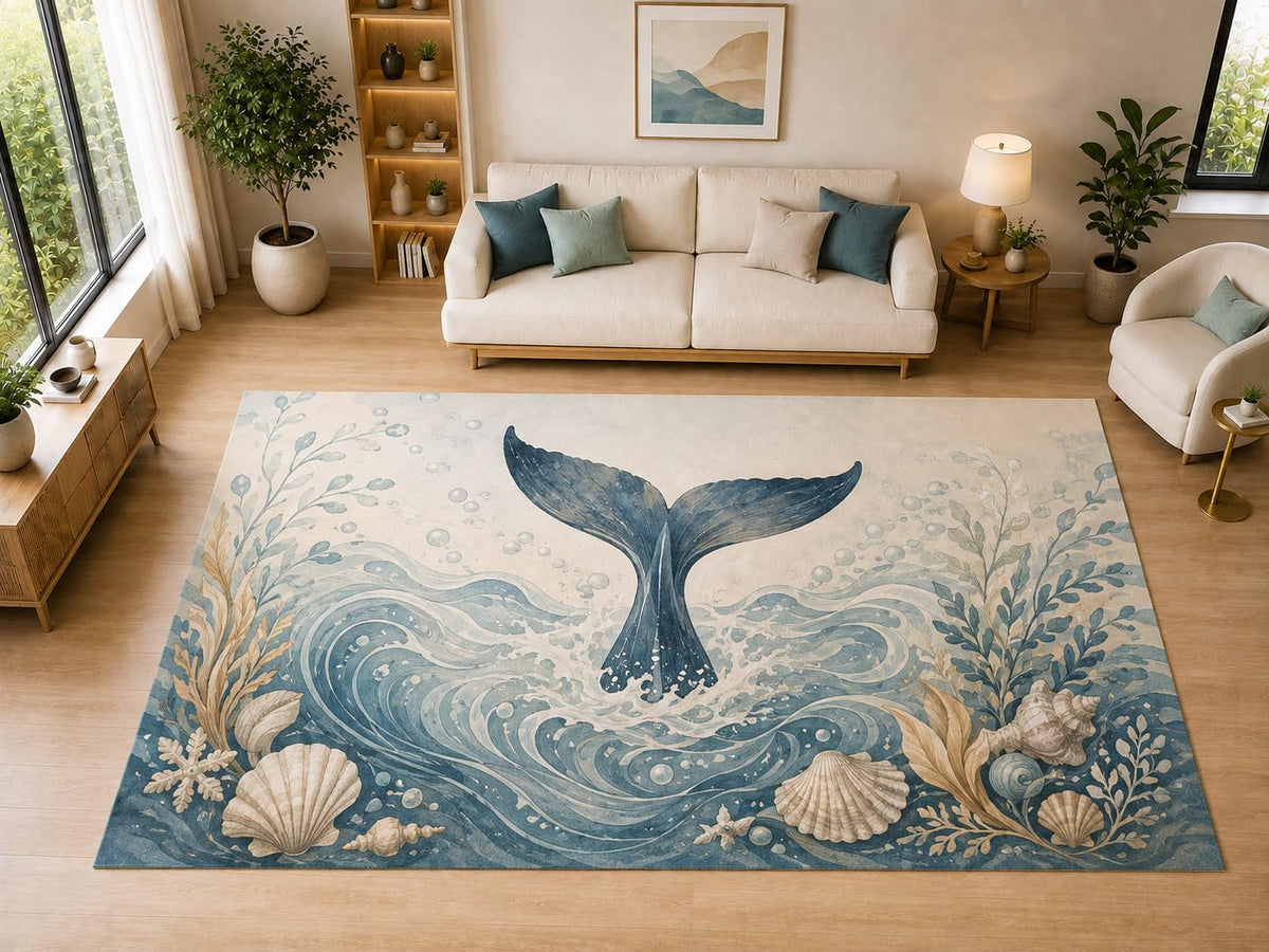 ICE ARMOR "Ultra Light Weight Large 6'7" x 9'10" Whale Tail Ocean, Living Room, Bedroom, Dining Room, Office, Family Room, Soft Low Pile Indoor Rug, Non-Slip Silicone Backing, Blue
