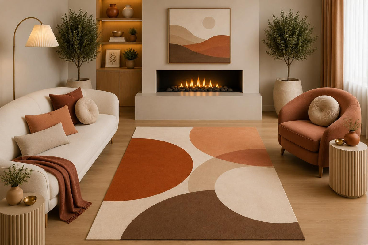 ICE ARMOR 5' x 7' Mid Century Modern Area Rug Terracotta Brown Beige Abstract Organic Curved Design for Living Room Bedroom Dining Room Office Non-Slip Silicone Backing Low Pile