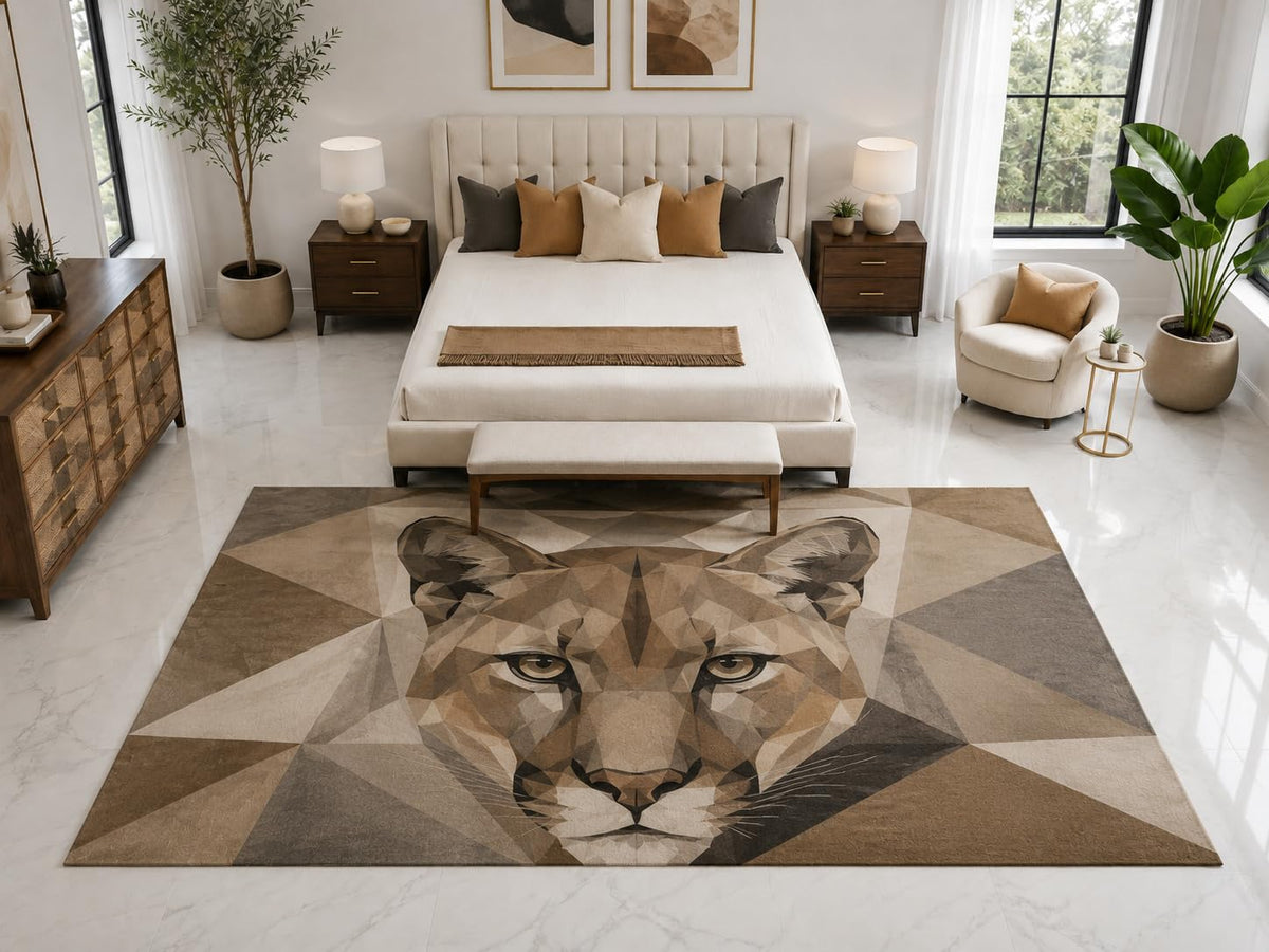 ICE ARMOR "Ultra Light Weight Large 6'7" x 9'10" Geometric Cougar Face Rug, Soft Low Pile Indoor Rug, Non-Slip Silicone Backing for Bedroom Tan Brown