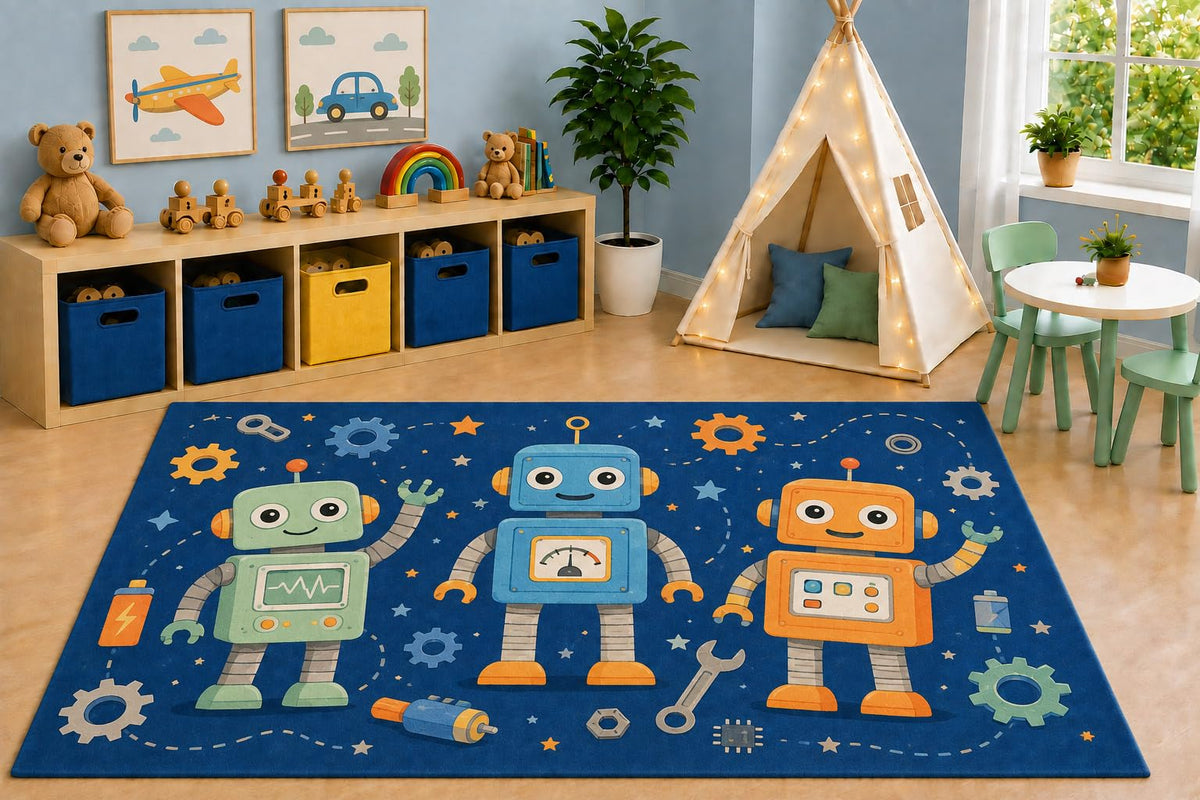ICE ARMOR 5' x 7' Cute Robot STEM Area Rug, Educational Science Technology Kids Playroom Bedroom Classroom Rug, Non-Slip Silicone Backing Low Pile