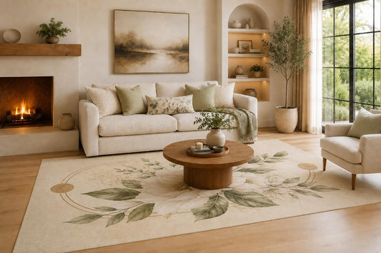 ICE ARMOR Large 6'7" x 9'10" Ivory and Sage Green Minimal Floral Ring Area Rug for Living Room, Soft Low Pile Carpet with Non-Slip Silicone Backing, Decor for Bedroom, Dining Area and Home Office
