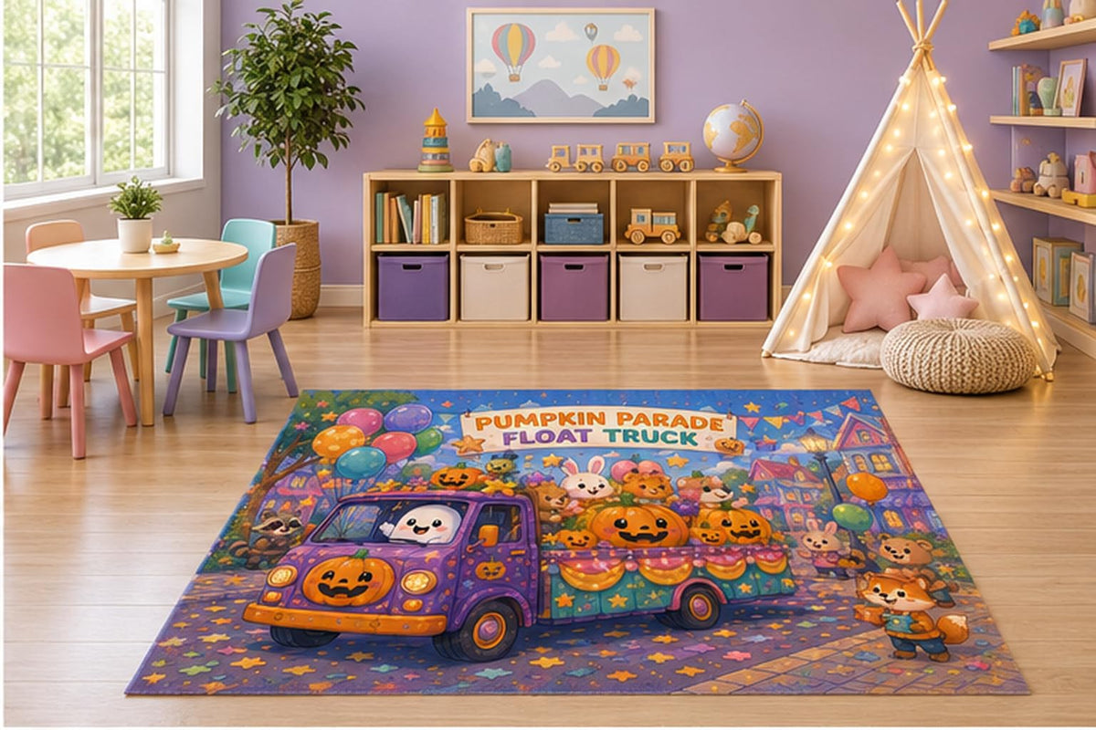 ICE ARMOR 5' x 7' Pumpkin Parade Float Truck Kids Area Rug, Cute Halloween Animal Parade Cartoon Festival Playroom Nursery Bedroom Decor, Non-Slip Silicone Backing Low Pile