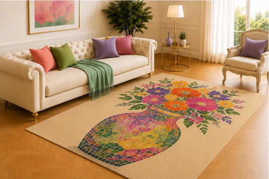 ICE ARMOR 5' x 7' Mosaic Floral Vase Rug, Orange, Pink and Purple Blossoms in a Colorful Pot, Artistic Accent for Living Room, Bedroom, Studio or Entryway