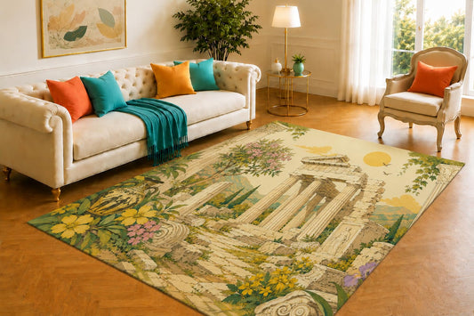 ICE ARMOR 5' x 7' Ancient Greek Ruins Area Rug for Living Room, Soft Low Pile Indoor Rug with Non-Slip Silicone Backing, Carpet for Bedroom, Office, Blue