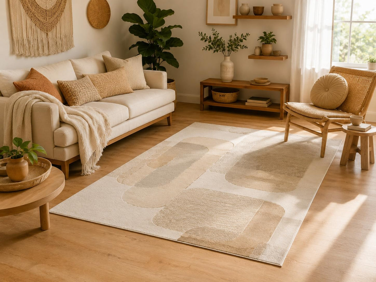 ICE ARMOR 5' x 7' Geometric Block Area Rug, Soft Low Pile Indoor Rug with Non-Slip Silicone Backing for Living Room, Bedroom, Dining Room, Office, Beige