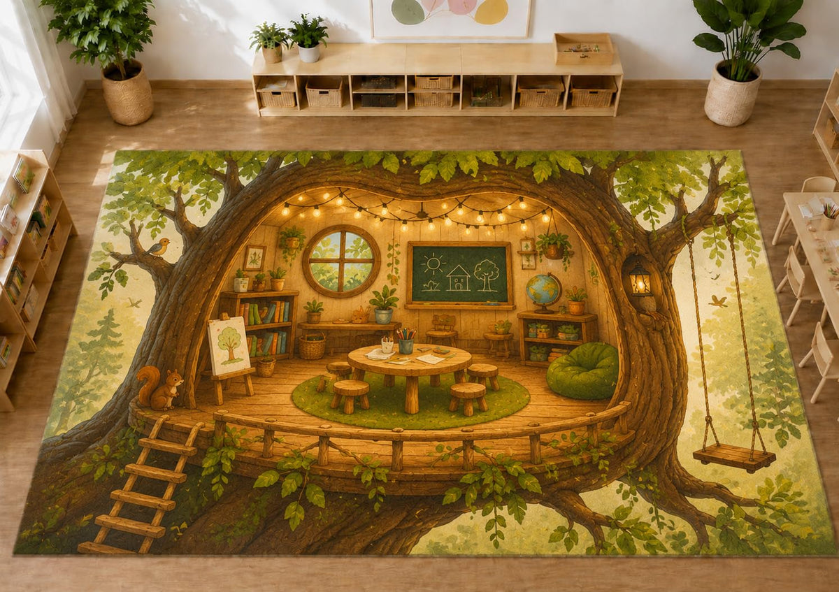 ICE ARMOR Large 6'7" x 9'10" Treehouse Classroom Area Rug, Soft Low Pile Indoor Rug with Non-Slip Silicone Backing for Kids Room and Playroom, Brown