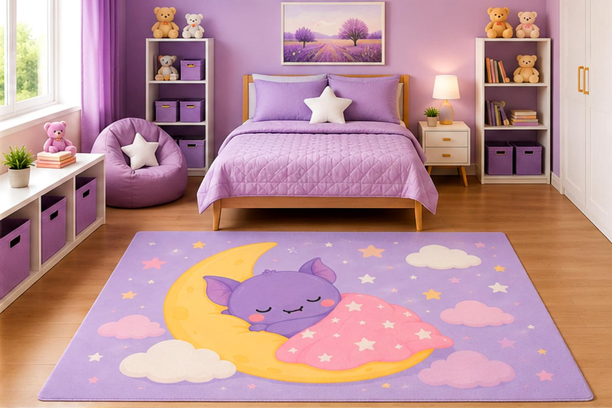 ICE ARMOR 5' x 7' Sleeping Baby Bat on Crescent Moon Area Rug for Kids Bedroom Nursery Playroom Scandinavian Minimalist Kawaii Celestial Decor Non-Slip Silicone Backing Low Pile