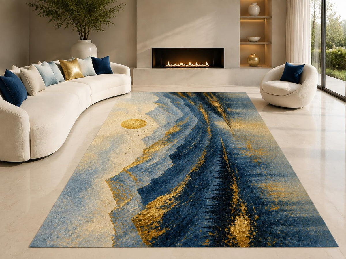 ICE ARMOR "Ultra Lightweight Large 6'7" x 9'10" Ocean Dune Lines Area Rug for Living Room, Bedroom and Home Office, Soft Low Pile Carpet with Non-Slip Silicone Backing, Blue and Beige