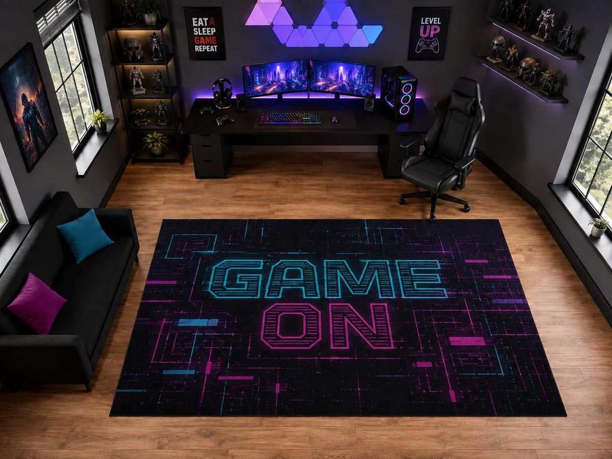 ICE ARMOR "Ultra Light Weight Large 6'7" x 9'10" Game On Cyber Circuit Area Rug for Playroom Decor, Soft Low Pile Indoor Rug with Non-Slip Silicone Backing, Black Blue Pink