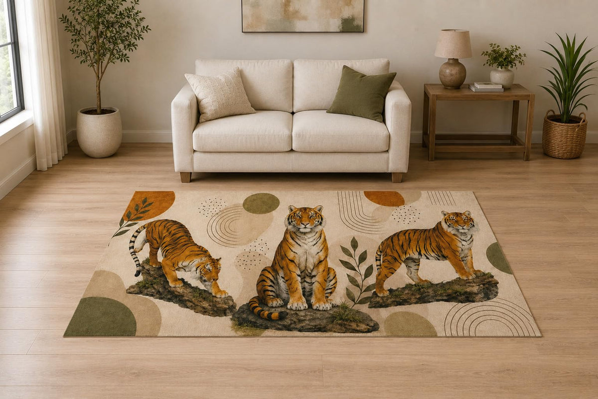 ICE ARMOR "Ultra Light Weight 5' x 7' Tiger Nature Trio Area Rug for Living Room, Bedroom and Home Office, Soft Low Pile Carpet with Non-Slip Silicone Backing, Orange and Beige