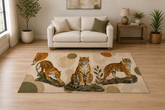 ICE ARMOR "Ultra Light Weight 5' x 7' Tiger Nature Trio Area Rug for Living Room, Bedroom and Home Office, Soft Low Pile Carpet with Non-Slip Silicone Backing, Orange and Beige