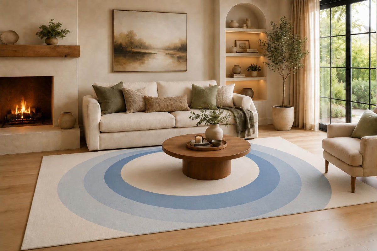 ICE ARMOR Large 6'7" x 9'10" Powder Blue and Ivory Oval Wave Area Rug for Living Room, Soft Low Pile Carpet with Non-Slip Silicone Backing, Floor Decor for Bedroom, Dining Area and Home Office
