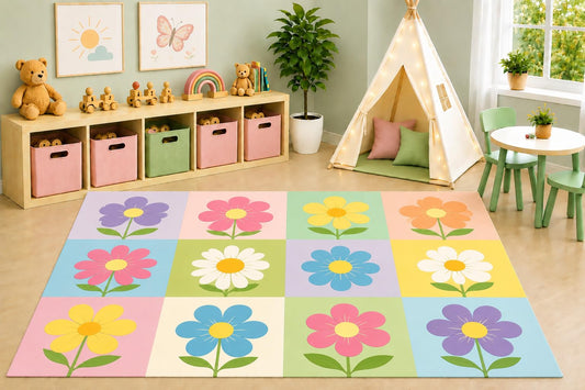 ICE ARMOR 5' x 7' Pastel Floral Grid Area Rug, Colorful Daisy Flower Patchwork Kids Playroom Nursery Bedroom Decorative Rug, Non-Slip Silicone Backing Low Pile