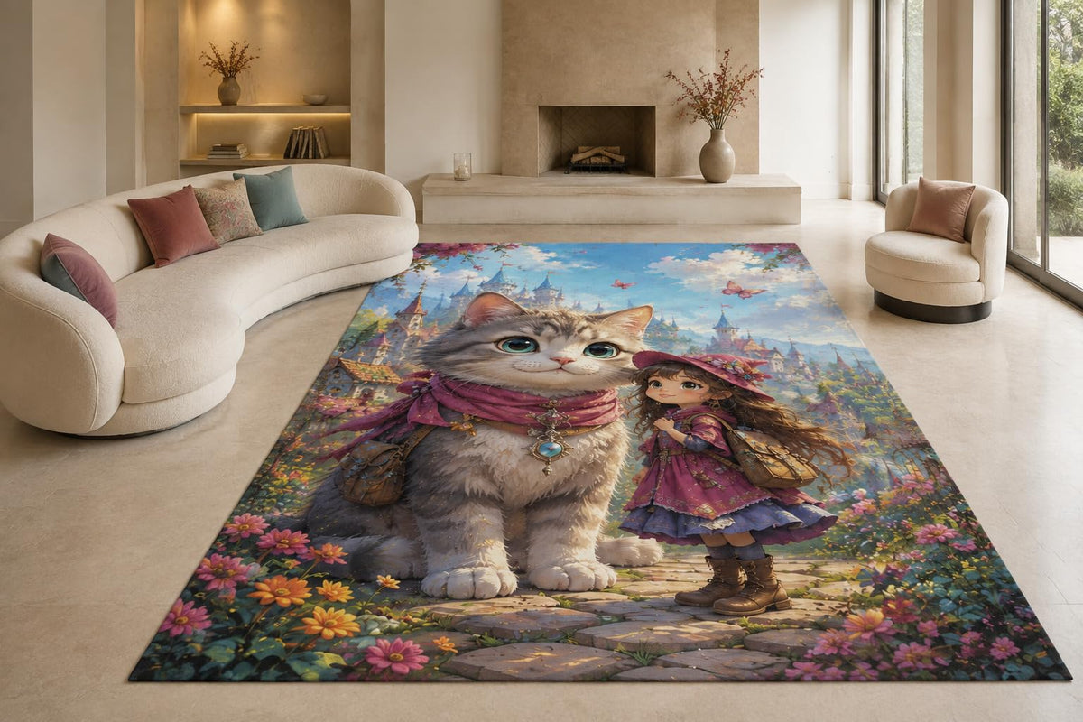 ICE ARMOR "Ultra Lightweight Large 6'7" x 9'10" Whimsical Cat Companion Area Rug for Living Room, Bedroom and Home Office, Soft Low Pile Carpet with Non-Slip Silicone Backing, Pink and Blue