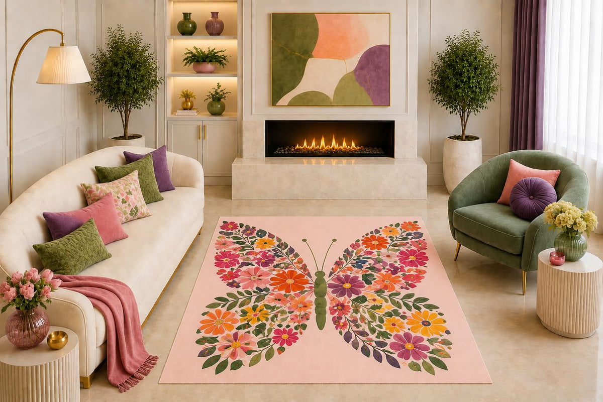 ICE ARMOR "Ultra Light Weight 5' x 7' Floral Butterfly Area Rug Pink Botanical Garden Art for Living Room Bedroom Girls Room Nursery Non-Slip Silicone Backing Low Pile
