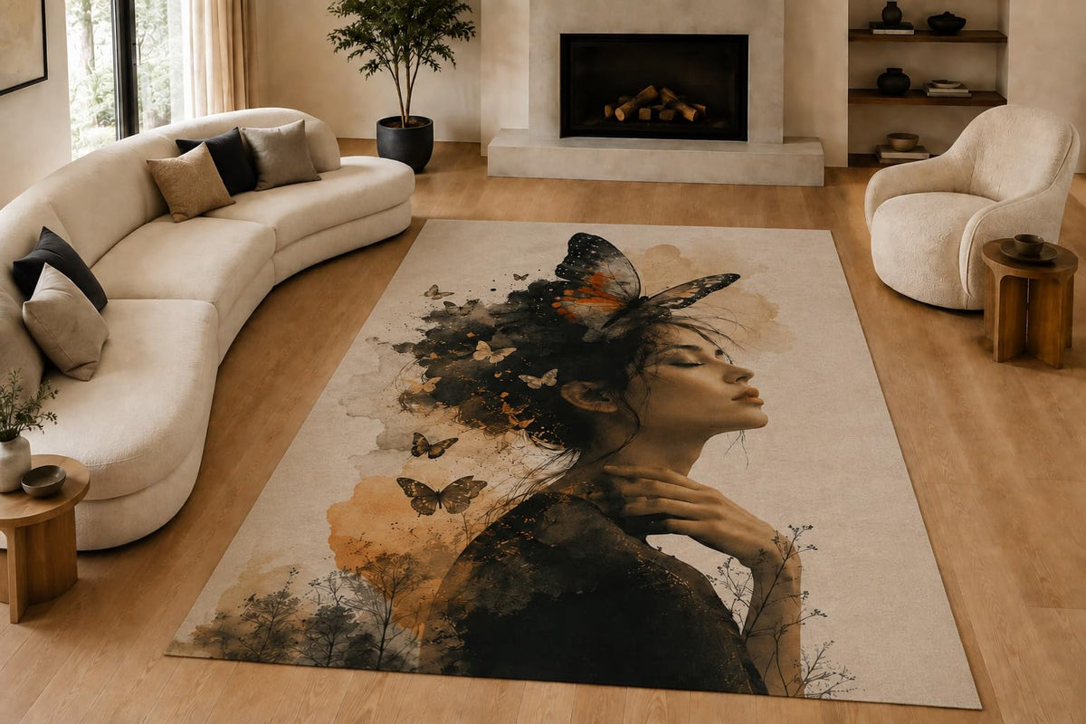 ICE ARMOR "Ultra Lightweight Large 6'7" x 9'10" Butterfly Profile Area Rug for Living Room, Bedroom and Home Office, Soft Low Pile Carpet with Non-Slip Silicone Backing, Black and Rust
