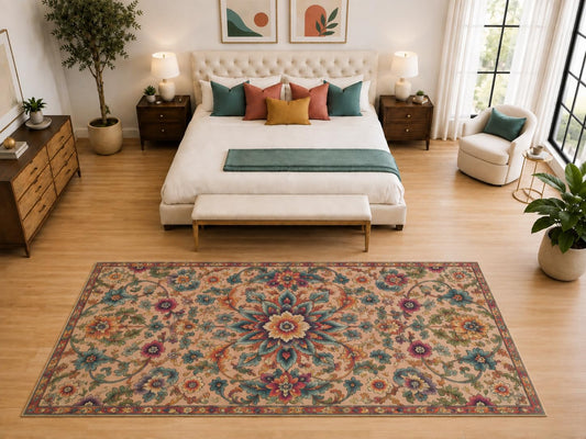 ICE ARMOR "Ultra Light Weight Large 6'7" x 9'10" Vintage Floral Medallion Rug, Soft Low Pile Indoor Rug, Non-Slip Silicone Backing for Bedroom Beige