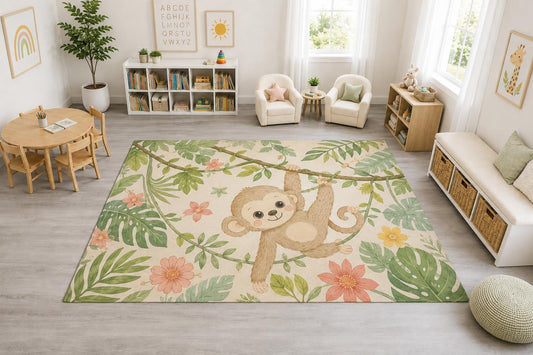ICE ARMOR "Ultra Light Weight Large 6'7" x 9'10" Jungle Monkey Floral Rug, Soft Low Pile Indoor Rug, Non-Slip Silicone Backing Nursery Kids Green